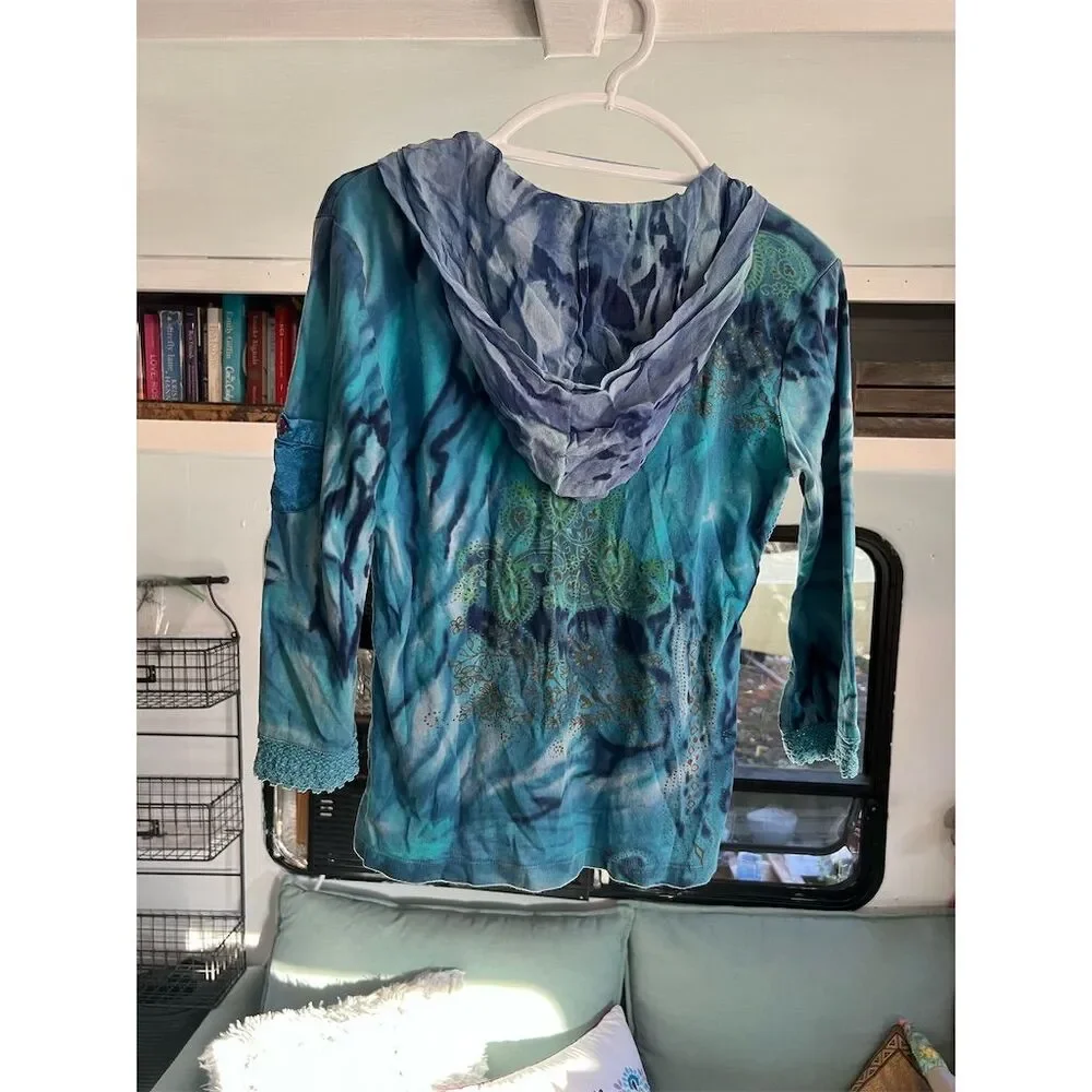 Forbidden Boho Women's Blue Tie Dye Pullover Hoodie (M) Beaded Casual Spring - Picture 2 of 5